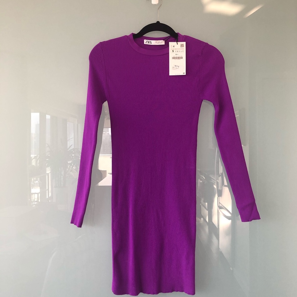 ZARA Long sleeve body con purple mini dress NWT